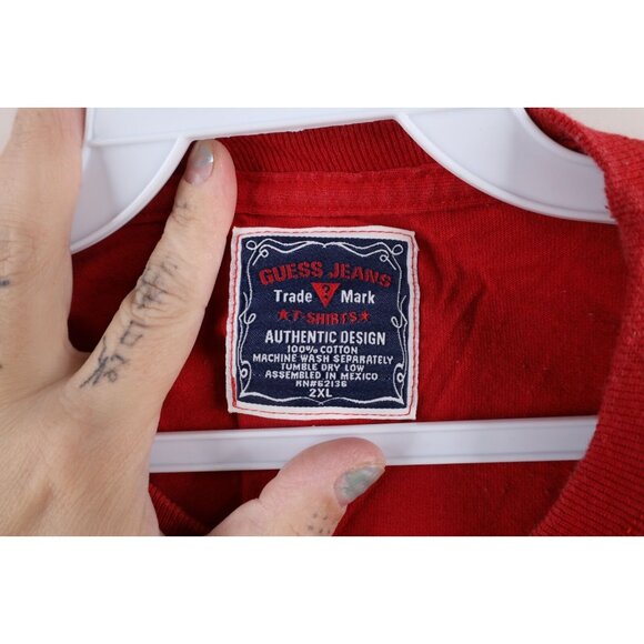 Vintage 90s Guess Mens 2XL Distressed Spell Out Box Logo Trippy T-Shirt Red - Picture 8 of 11